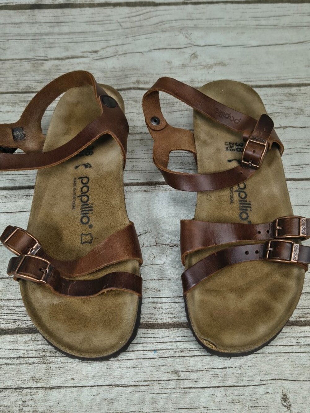 Papillio by Birkenstock Brown Leather Ankle Strap Wedge Sandals Women EU 38 US 7